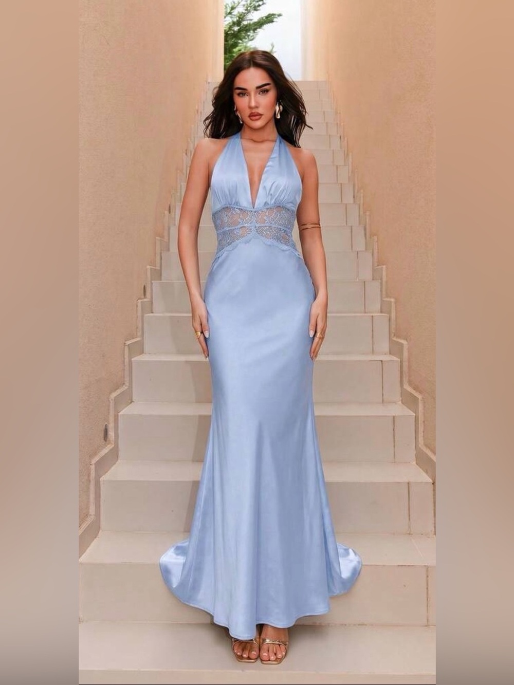 Halter Lace-Inset Light Blue Evening Gown
